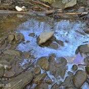 Olejovo ropné látky po opadnutí vody na riečke Slaná.